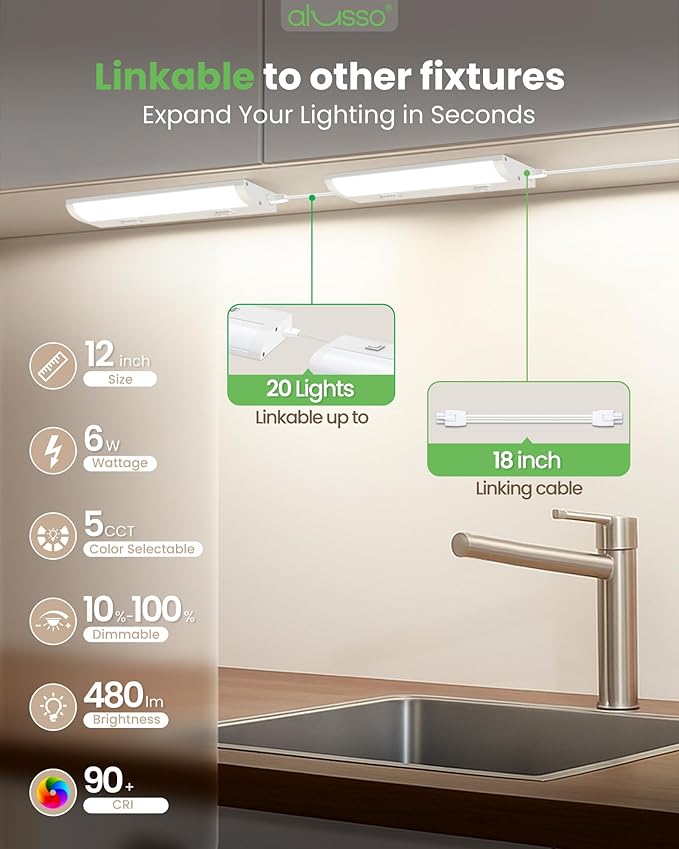 ALUSSO LIGHTING® 12 Inch LED Under Cabinet Lighting Hardwired, 5CCT Color Selectable 2700K-5000K Dimmable 6W 480LM High Brightness, CRI 90 Strip Linkable Under Counter Lights for Kitchen, 1 Pack