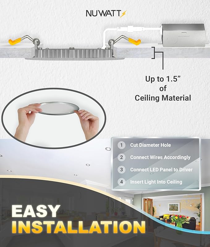 NUWATT 12 Pack 6 Inch Ultra Thin LED Recessed Lighting, Selectable 2700K/3000K/3500K/4000K/5000K, High Brightness 1050 Lumens, Dimmable, IC Rated, Brushed Nickel Canless LED Wafer Lights, Metal J-Box
