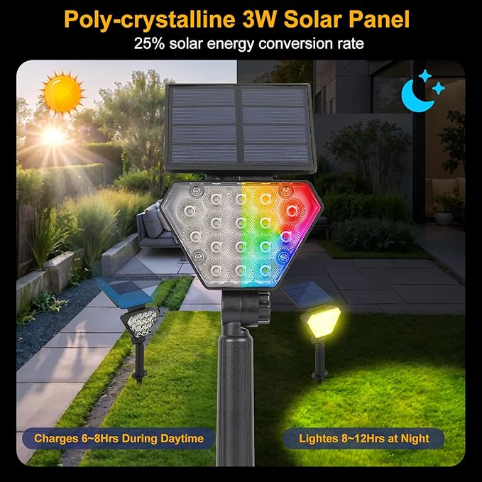 T-SUN Solar Lights Outdoor Waterproof IP65, 6Pack LED Solar Spot Lights Color Changing IP65 Waterproof Smart Auto On/Off for Outside Landscape Garden Yard Lawn Pathway Patio Driveway