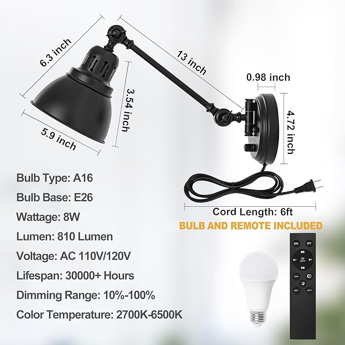 1 Pack Plug in Wall Sconce with Remote Control, Stepless Dimming & Stepless Colors 2700K-6500K, Plug in Wall Light, Swing Arm Wall Lamp with Night Light & Timer, LED Bulb Included