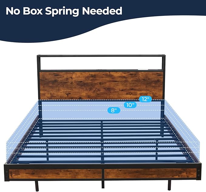 BedsPick Full Size Bed Frame with 2-Tier Storage Headboard, Sturdy Metal Platform Bed Frame with Charging Station & LED Lights, Noise-Free/Metal Support/No Box Spring Needed, Rustic Brown