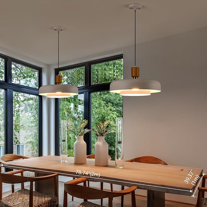 Modern Large Pendant Light 19.68 inch, 2 Tiers Matte White Shade, Natural Wood and Brass Accent, Mid Century Chandelier for Dining Room,Kitchen,Living Room