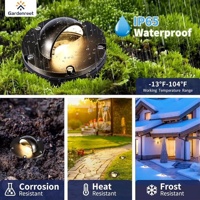 Gardenreet Brass Low Voltage In Ground Well Lights Kit(4 Pack) with LED MR16 Bulb & 100Feet Wire & Connectors, 12V AC/DC Landscape Lighting for Outdoor Yard Garden Paver Tree Path(Beacon Top)