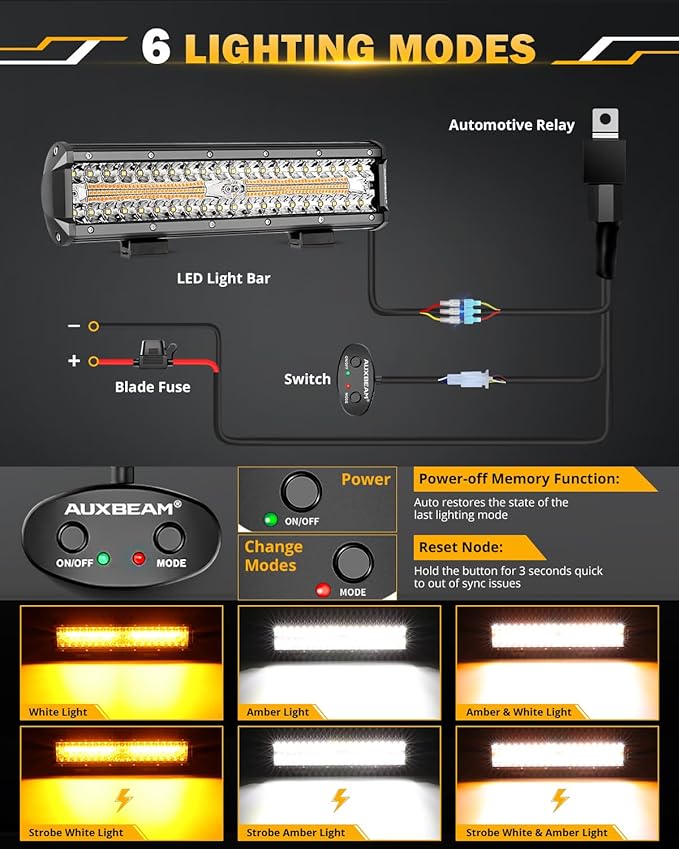 Auxbeam 12 Inch LED Light Bar, 6 Modes Strobe Amber Pod Lights Yellow Fog Light Dual Color Spot Flood Offroad Driving Lights, Memory Function LED Work Lights for Truck Car ATV