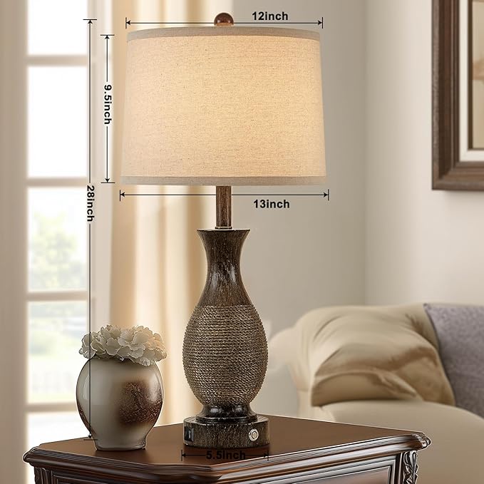 28" Rustic Farmhouse Lamps for Living Room Set of 2 Bedside Table Lamps for Bedroom Nightstand with USB A+C Charging Ports, 3-Way Dimmable Touch Lamp, Brown, Linen Lampshade, LED Bulbs Included