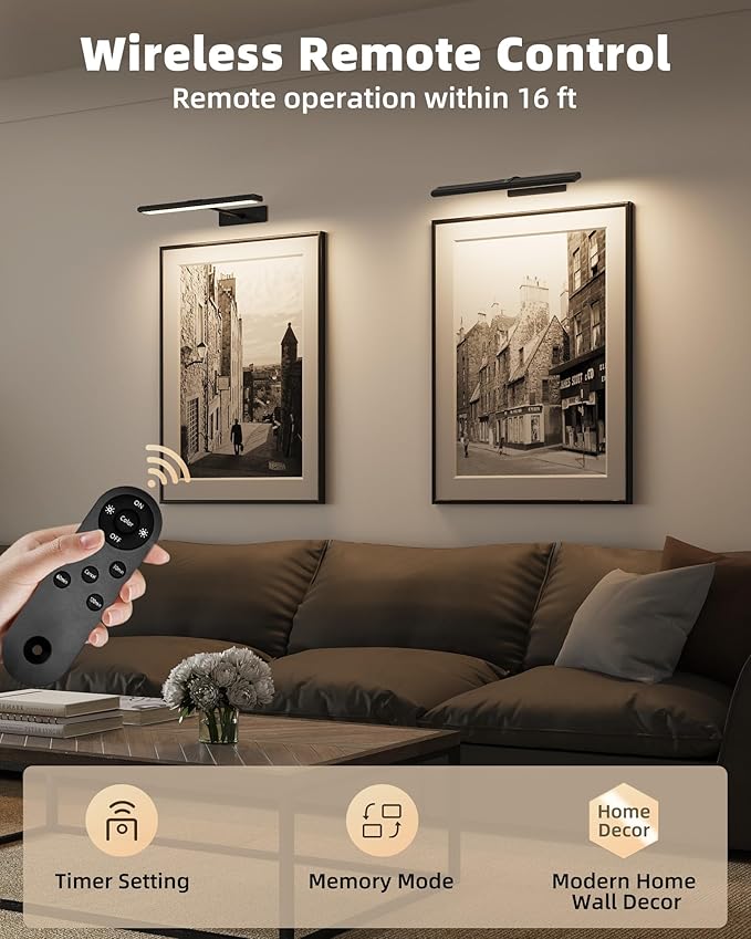 EZVALO Picture Light for Wall, 4800mAh Rechargeable Wireless Remote Battery Lights for Painting, 16In Dimmable Magnetic LED Art Display Light, Colors Temperatures, for Gallery, Living Room,Hallway