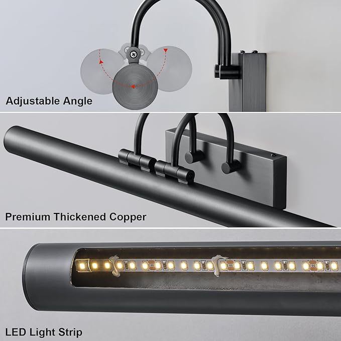 Picture Light, 23" Rotatable Black Picture Lights for Wall, Art Lights Wall Sconce Hard-Wired, Bronze Pictures Frame Light for Gallery, Living Room, Photo Display, Bookcase, Bathroom