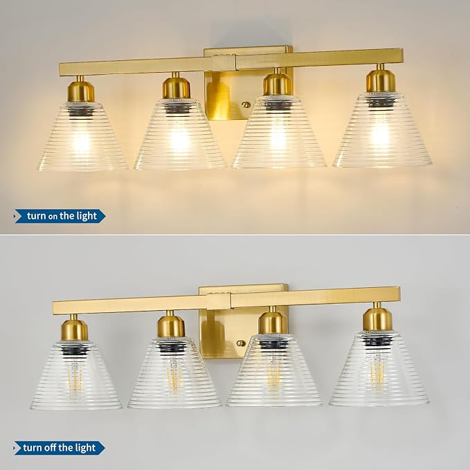 4-Light Modern Bathroom Light Fixtures, Gold Bathroom Vanity Lights with Clear Glass Shade, Farmhouse Wall Sconces for Mirror Kitchen Bedroom Living Room