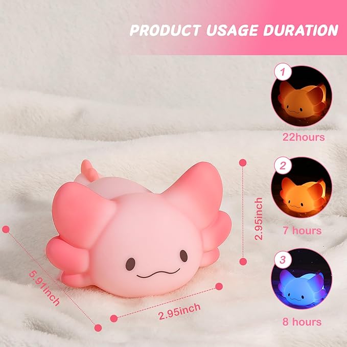 LOVERUIS Axolotl Night Light for Kids Gifts Squishy Nightlight for Kid Room Decor Girls Rechargeable 1/3 Hours Timer Lamp Colorful Cute Lights Toddle Baby (Big Eye)