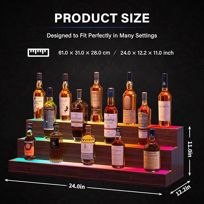LED Lighted Liquor Bottle Display Shelf, 24 Inch Bar Display Shelf with App & Remote Control 3 Tier for Home Bar, Party, Walnut