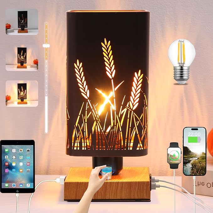 Industrial Table Lamp with USB Ports and Outlet, Rustic Dimmable Bedside lamp with Charging Station, Metal Square Shadow Nightstand Lamp, Night Light for Kids Bedroom Living Room End Tables