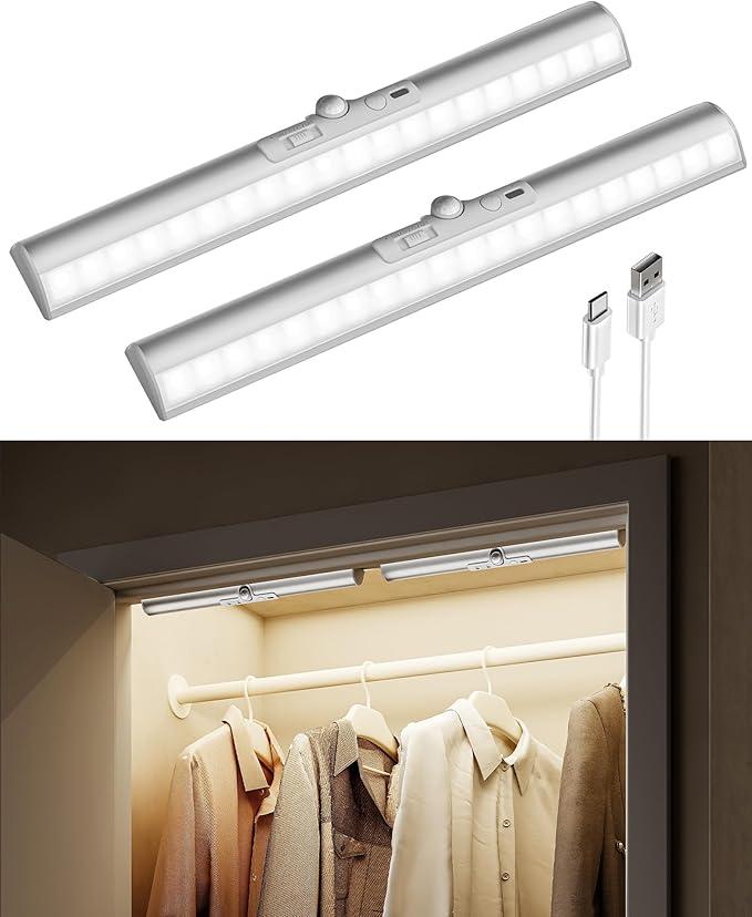 EZVALO Motion Sensor Closet Lights, 2 Pack Rechargeable LED Lights with Rotatable Sensor, Glare-Free, 3 Color Temps & Dimmable, Magnetic Cabinet Lighting for Closet, Pantry