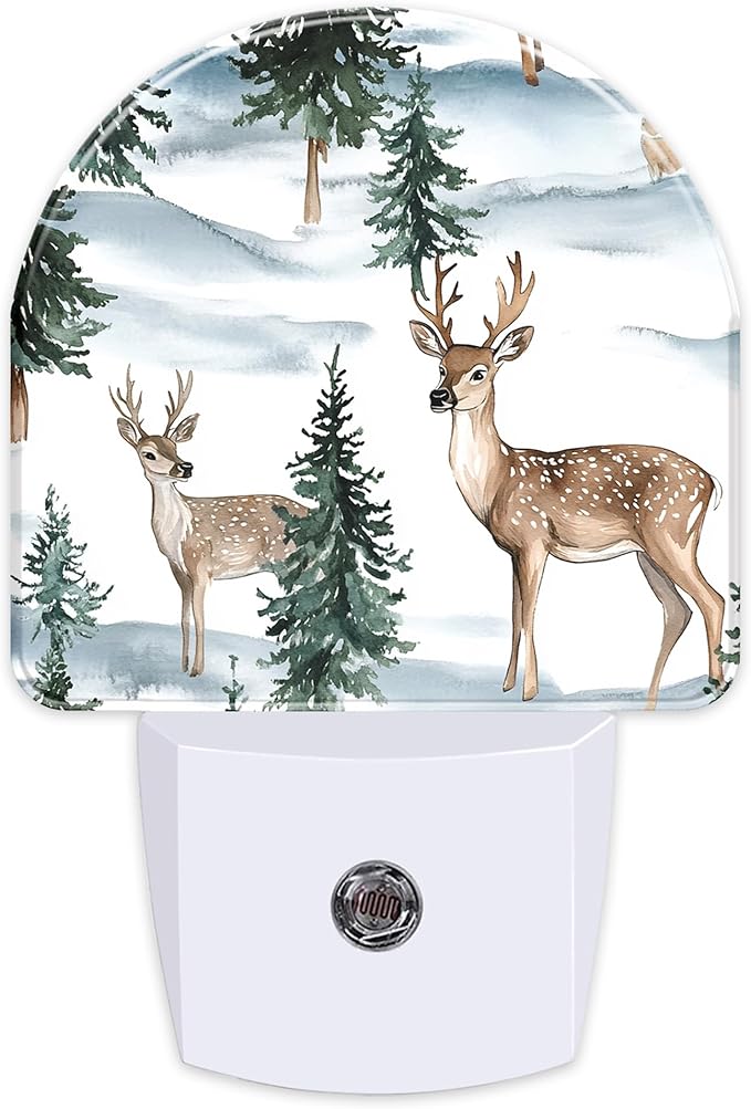 Winter Christmas Deer Forest Night Light, Dusk-to-Dawn Auto Sensor Plug in Night Light for Kids, 0.5W Energy Saving LED NightLights for Bedroom/Bathroom, Ideal Gifts for Women Men