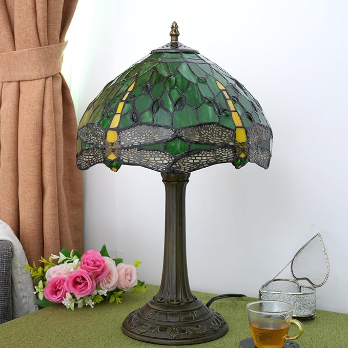Tiffany Lamp - Green Dragonfly Stained Glass Table Lamp 12x12x18 Inches - Green Dragonfly Style Desk Reading Light - Bedroom & Living Room Decor