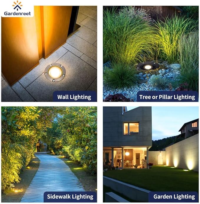 Gardenreet Brass Low Voltage Well Lights Kit(4 Pack) with 75W Transformer & MR16 Bulb & 100FT Wire & Connectors, 12V LED In Ground Landscape Lights for Outdoor Yard Garden Paver Tree Path(Open Top)