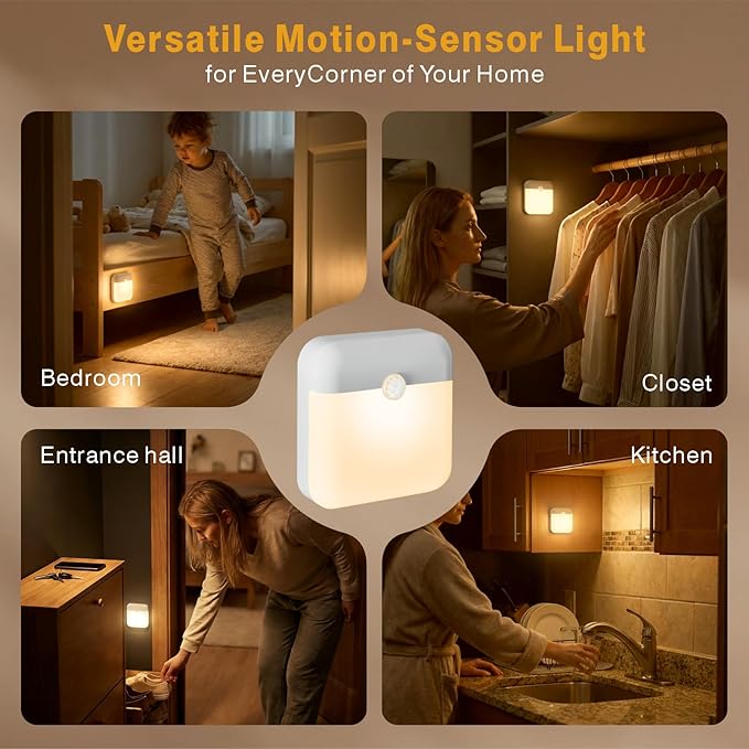 4 Pack Motion Sensor Night Light, Rechargeable Motion Activated Night Light, 60LM, 2-Mode, Stick-on Battery Operated Nightlight for Stairway, Hallway, Kitchen, Closet, Cabinet, Bedroom
