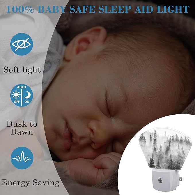 Black White Fog Forest Plug in Night Lights, Misty Forest Nightlight Plug Into Wall Dusk to Dawn Sensor for Kid Girls Boys Women Men Bedroom, Hallway, Kitchen, Bathroom, Stairs Decor