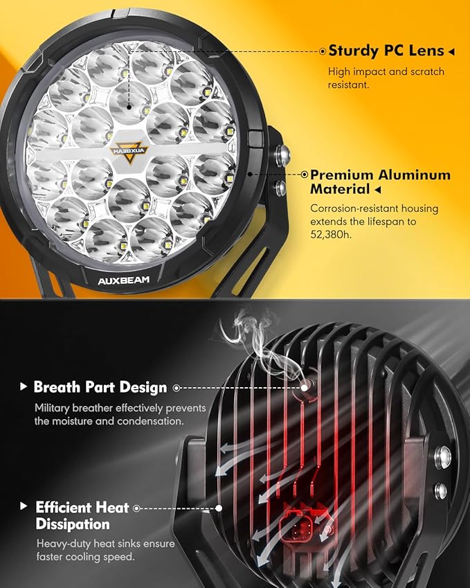 Auxbeam RAY-L Series 7 Inch Round Offroad Lights Amber White DRL Function 3 Modes LED Spotlights 240W 25800LM Dual Color Driving Off-Road Lighting, Pair