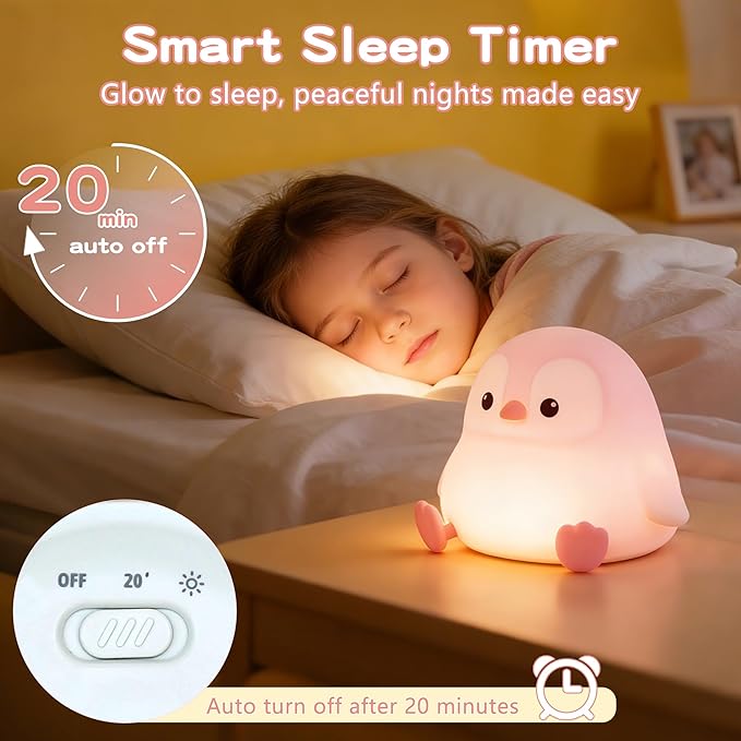 Penguin Night Light for Kids,Cute Pink Penguin Lamp,Soft Silicone Nursery Nightlight,LED Squishy Novelty Animal Bedside Lamp,Rechargeable/Dimmable/Timer,Room Deco,Christmas Gifts for Mom Girls Baby