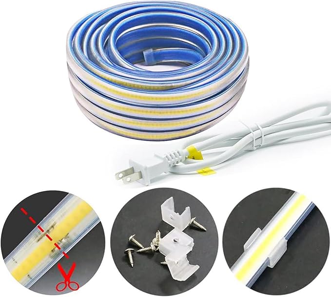 LED Strip Lights with US Plug, 32.8 Foot AC 110v Plug in Lights IP67 Waterproof LED Light Strip 10m LED Strip with Bright White 4000k Lighting for Cabinets Bedroom Garden(White, 32.8ft)