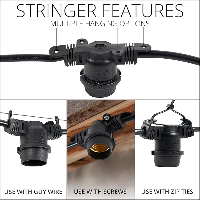 15-ft 10 Socket E26 Commercial Patio Light Stringer, Heavy Duty Weatherproof SJTW Black Wire, 18" Spacing, 16 AWG, Cord Only