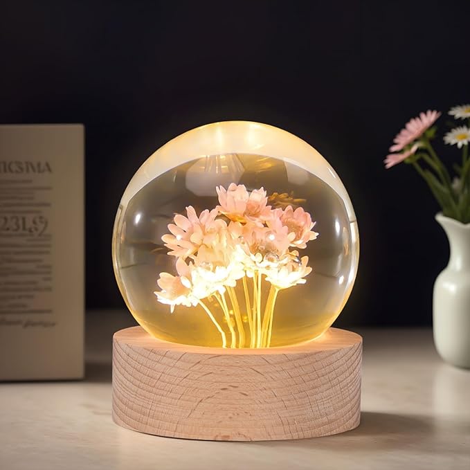Daisy Lamp,2.4-Inch Flower Crystal Ball Night Light, Real Daisies Inside with Wood Base, Warm Bedroom Glow (Daisy)