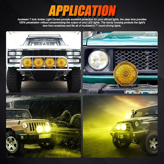Auxbeam 7 Inch Amber Light Covers, Round Offroad Lens Covers, Amber Fog Filter, Yellow Tint Color Lens, 7" Diameter Lens Cap, Snap-on Design, 2 Packs