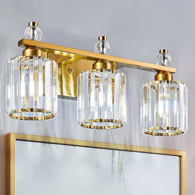 Bathroom Vanity Lights 3-Light Gold Modern Crystal Vanity Light Fixtures Over Mirror Crystal Bathroom Vanity Lighting Fixtures