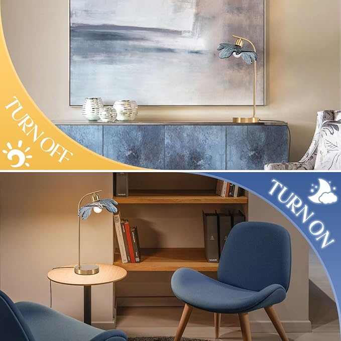 Gold Table lamp Touch Table lamp with Blue Glass Flower Shade Mid Century Modern Lamps Bedside nightstand lamp Side Table Lamps Small Table lamp for Bedroom Living Room Office Farmhouse