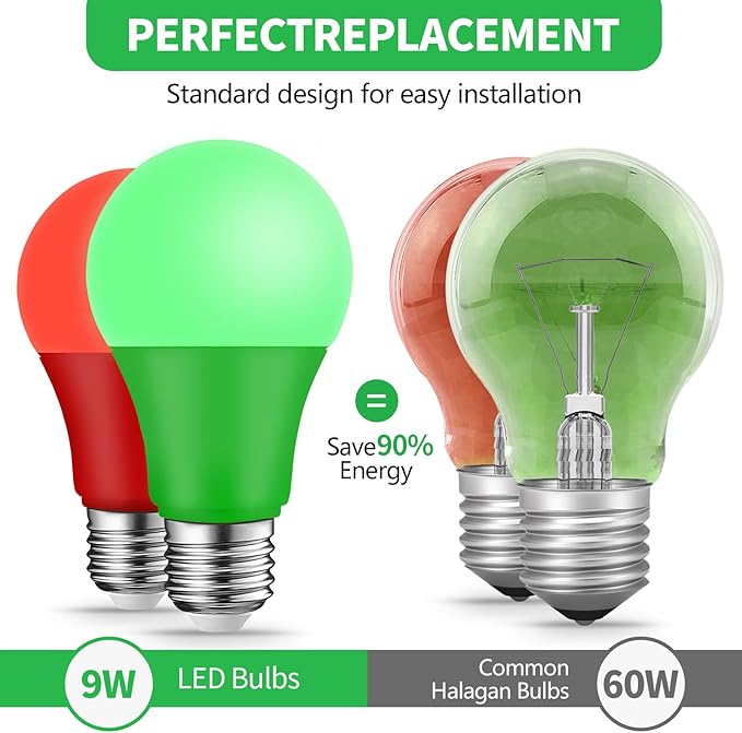 Red Green Light Bulbs - [ 4 Pack ]- 9W（60W Equivalent） E26 Base LED Colored Light Bulb for Festivals Party Christmas Bar Events Home Decor (2 Red & 2 Green)