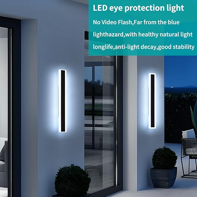 Mikeru 2Pack 23.6inch Long Led Wall Light, 6000k Cool White Modern Outdoor Wall Light Ip65 Waterproof Black Acrylic Porch Exterior Lighting Fixtures, Exterior Wall Mount Lights