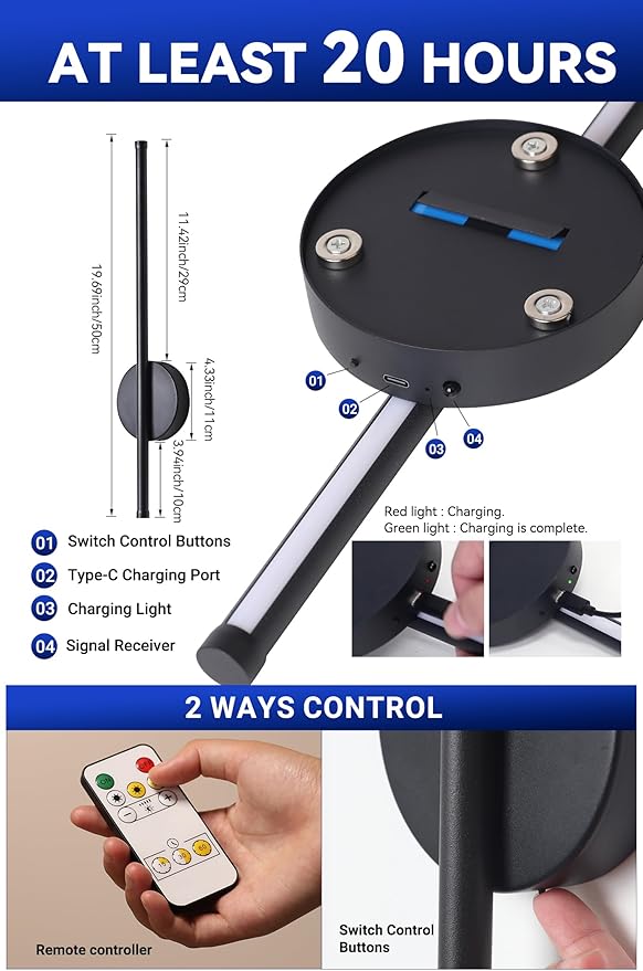 Battery Operated Wall Sconces Set of Two Rechargeable Wireless Wall Light with Remote Control Black 360° Rotate Magnetic Dimmable Cordless Wall Lamp for Living Room Bedroom Hallway 19.7 Inch