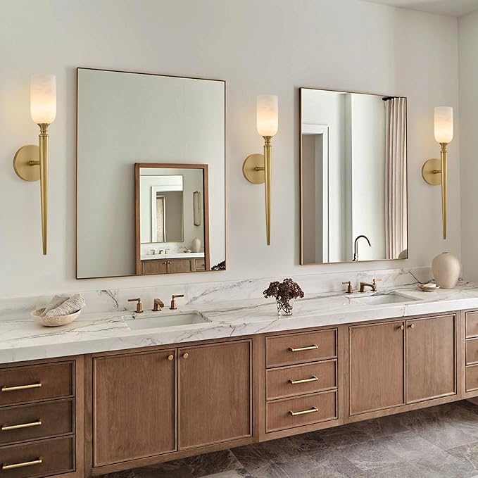 Vintage Alabaster Brass Wall Sconce: Antique Spanish Natural Marble Modern Vanity Wall Lights - 21.6" Long Linear Brushed Gold Sconces - Indoor Sconce for Hallway Bedroom Living Room Bathroom Stair