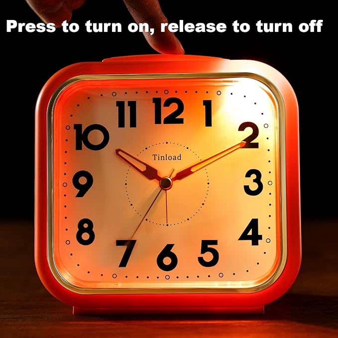 5.5" Large Analog Alarm Clock • Silent Non Ticking • Gentle Wake • Beep Sounds • Increasing Volume • Battery Operated Snooze and Manual Light • Retro Orange