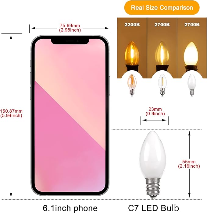 C7 Candelabra Led Night Light Bulbs, 0.6 Watt Equivalent 7W Incandescent, E12 Milk White Bulbs, Warm White 2700K Smalll Nightlight Replacement Bulb for Window Candle & Chandeliers, 2 Pack