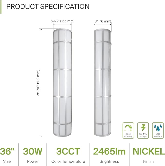 ASD 36 Inch LED Outdoor Wall Mount Light Fixture with Grid - Brushed Nickel Modern Wall Sconce - 30W 120-277V 3000K 4000K 5000K Adjustable - Dimmable Exterior Lights - Front Door, Patio - ETL 2 Pack