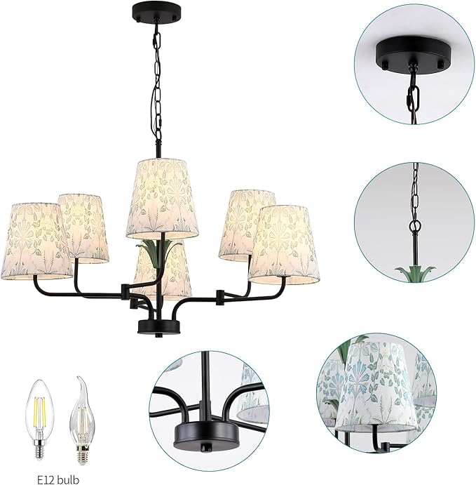 Black Chandeliers with White Fabric Shade, Farmhouse Green Plants Chandelier for Dining Room, Linear Island Lighting Fixture for Kitchen, Industrial, Foyer, Entryway, Living Room,Nature