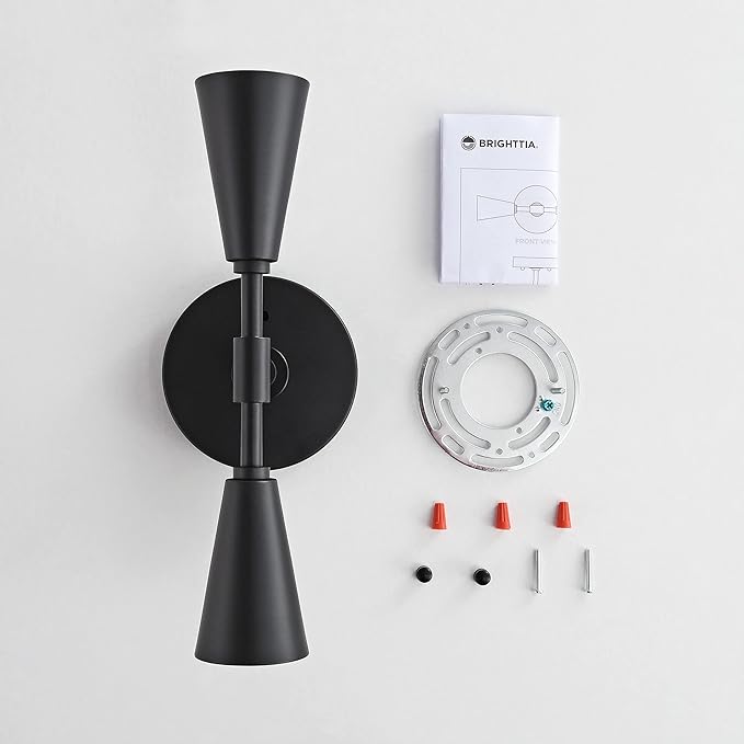 BRIGHTTIA Vicky 2 Light Cone Socket Wall Sconce - Mid Century Modern Fixture for Wall & Ceiling - Minimalist Edison Lamp for Hallway and Bathroom Vanity - Matte Black (BW0027-2B)