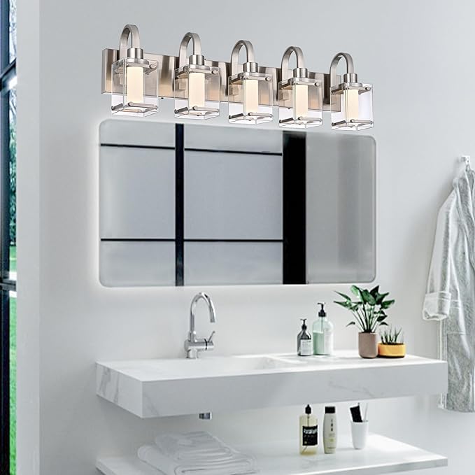 5-Light Brushed Nickel Vanity Light Fixtures, Modern LED Bathroom Wall Lights for Dressing Room, Integrated LED Chips with Frosted Column & Clear Square Glass Shades, Energy Saving Wall Sconce