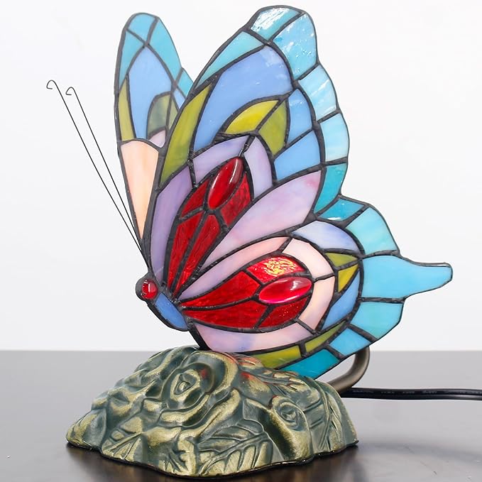 Small Tiffany Table lamp Stained Glass Butterfly Desk Lamp 7X5X9.8 Inch Accent Antique Light (Blue Red Butterfly)