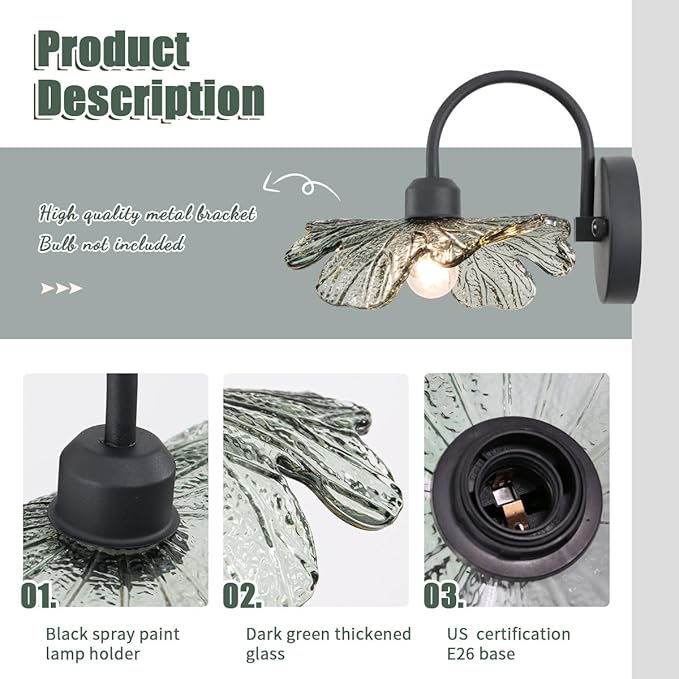 Black Bathroom Vanity Light Vintage Wall Sconce Hand Blown 1-Light Wall Lamp Bathroom Wall Sconces with Dark Green Glass Shade Black Vanity Light Over Mirror for Bedroom Hallway Living Room
