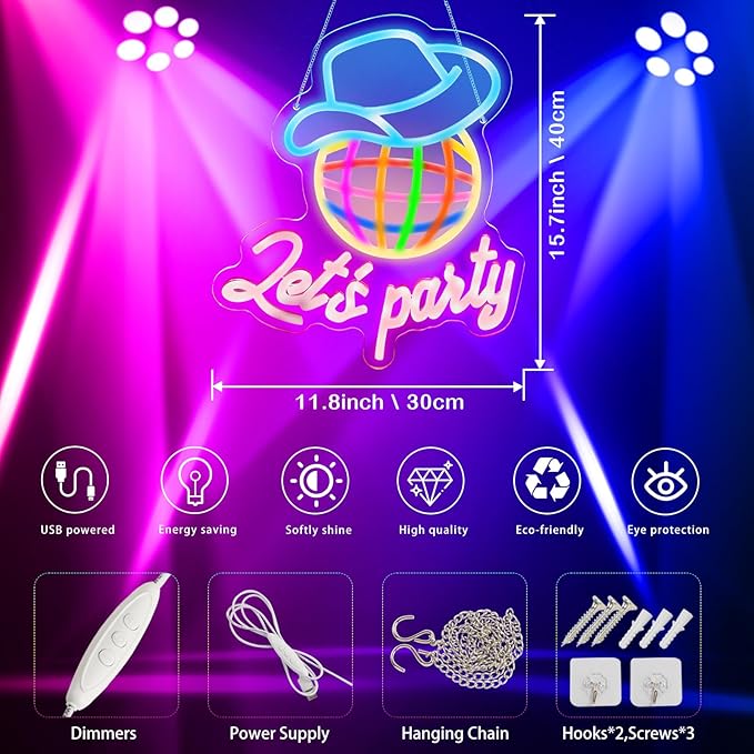 Let's Party Neon Sign, Disco Neon Sign, Led Neon Light for Wall Decor for Light Sign for Disco Party,Bar,Music,Wedding birthdy,Game Room Man Cave,Christmas. Dimmable, USB powered,Neon lights.