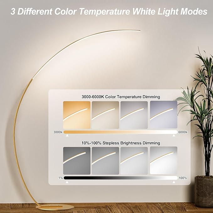 Modern Gold Arched Standing Floor Lamp - 69.99 Inch, Dimmable, Adjustable Color Temperature, Curved Lamp with Remote for Bedroom and Living Room