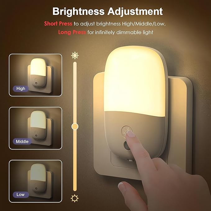 Night Lights Plug into Wall, Dimmable, with On Off Switch Led Night Light Plug in, Automatic Dusk to Dawn, 0.5W, 3000K Soft Warm, for Adults Kids Room Bedroom Bathroom Hallway Kitchen