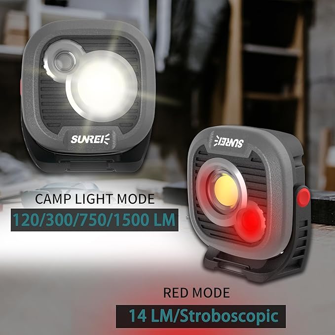 LED Rechargeable Magnetic Work Light SUNREI Mechanic Light Power Bank 180° Rotating, 1500LM, 6 Modes, Magnetic&Hook, 13500mAh Battery, Magnetic Flashlight for Camping, Car Repairing (Gary)