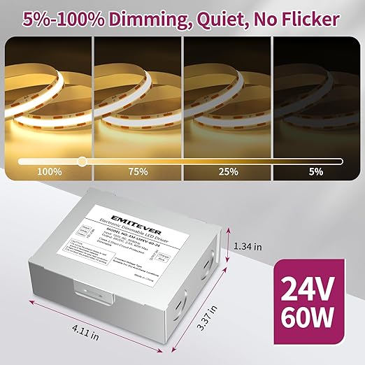 EMITEVER 60W 24V Dimmable LED Driver, Electronic Transformer, 120V AC to 24V DC Power Supply, Compatible with Lutron & Leviton Switches Dimmer for LED Strips Smooth Dimming, Class 2, ETL Certified