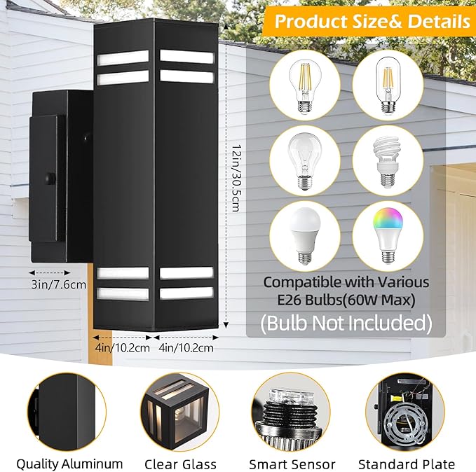 SHIMR Outdoor Light with Outlet, Modern Dusk to Dawn Outdoor Lighting, Aluminum Anti-Rust Exterior Lighting Fixtures Wall Mount with E26 Base, Up and Down Lights for House Porch Patio, 2 Pack