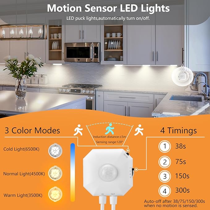 LED Under Cabinet Light Motion Sensor, 6-Pucks 3-Color Auto-Off Under Counter Light Warm White Natural Night LED Lights for Kitchen Bedroom, Home Office,Storage Room,Living Room with 5V Adapter