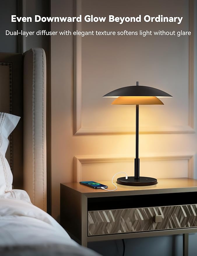 Tubicen Black and Gold Table Lamp with Charging Port Dual-Layer Modern Industrial Nightstand Lamp 18W 2700K-5000K Stepless Dimmable Bedside Desk Touch Lamp for Living Room Bedroom Office 15.7" H