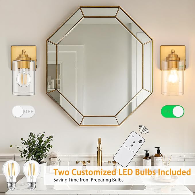 Rechargeable LED Wall Light Fixtures Dimmable, Wireless Battery Operated Wall Sconces Set of Two with Remote, E26 Base, Clear Glass Shade, Modern Gold Wall Mounted Lamps Indoor for Hallway Kitchen